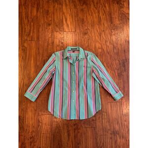 Ralph Lauren Women’s Shirt Teal Stripe 3/4 Sleeve Button Up Collar Size Medium